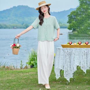 套装LU91时尚装套女夏款艺刺绣领短袖新宽文松衬衫长裤两件套