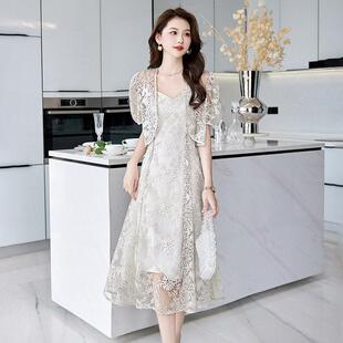 夏季新品女装修HR917身时尚搭裙绣花裙领吊带两外件套连衣