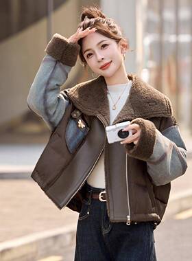羊韩系时尚短款加厚牛仔接羔毛绒服202拼ZMEI88795冬季新复古白羽