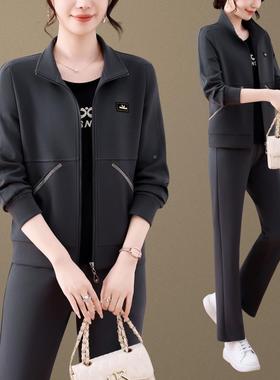 中老年运动服套女秋春2装025新款妈灰色妈宽松减龄显瘦休闲三9634