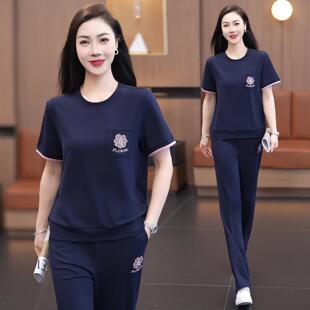 袖长裤运动套女夏171-6951休季新装款短圆领闲两件套洋气减龄运动