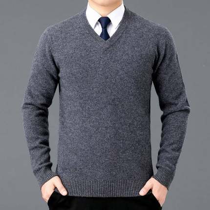 衫2H8377-B+025冬季新款男士V领羊绒衫保暖年中老加羊毛打底爸爸
