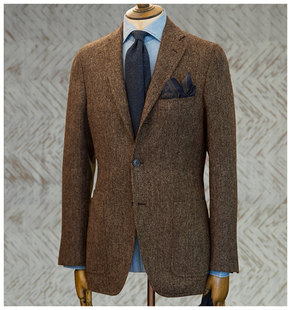 西装 棕色羊毛tweed西服人字纹修身 秋冬复古英伦粗花呢男毛呢外套