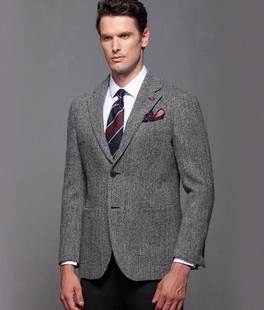 春秋商务休闲人字纹灰黑色西装 西服 外套粗花呢千鸟格羊毛花呢修身