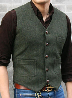 英式复古粗花呢tweed羊毛马甲绅士休闲西服马夹型男修身混搭大码