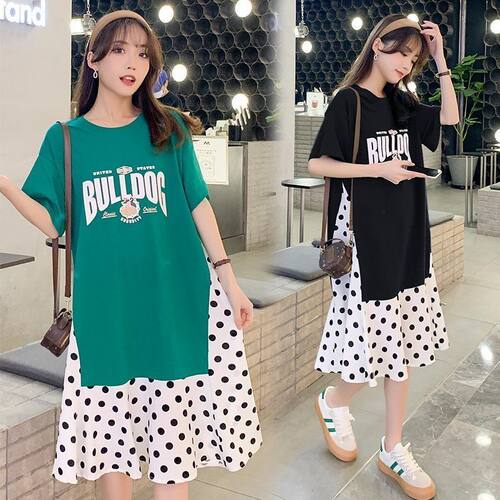 胖mm特大码2-300斤夏季宽松短袖T恤过膝显瘦拼接假两件连衣裙子女