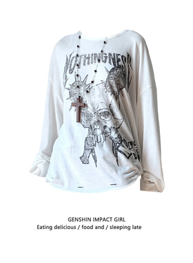 骷髅头y2k亚比文化破洞长袖t恤女秋冬季慵懒风美式辣妹打底衫上衣