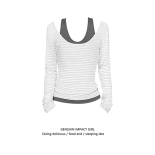 假两件修身 T恤女新款 气质打底外穿上衣ins 甜辣风条纹撞色长袖 美式