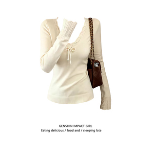 韩版小众新款V领蝴蝶结毛衣针织衫女修身独特超好看显瘦上衣打底