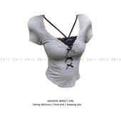 短款 灰色甜辣妹蝴蝶结修身 绝美上衣 T恤女夏季 纯欲假两件蕾丝短袖