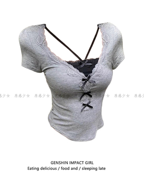 纯欲假两件蕾丝短袖T恤女夏季灰色甜辣妹蝴蝶结修身短款绝美上衣