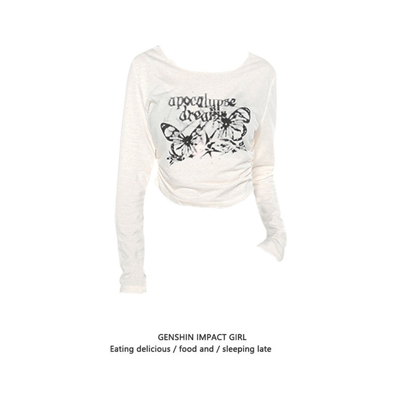 辣妹蝴蝶印花长袖T恤女秋冬新款