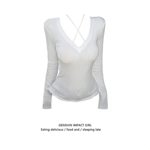 交叉挂脖V领长袖打底衫女早春设计感修身显瘦基础款纯色T恤上衣潮