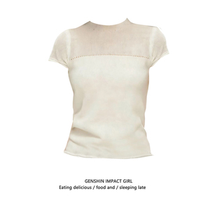 修身 韩版 显瘦打底正肩上衣ins 新款 T恤女夏季 半透圆领薄款 针织短袖