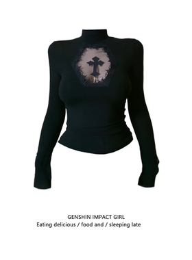 纯欲风黑色镂空长袖T恤打底衫女春秋新款设计感小众修身高领上衣