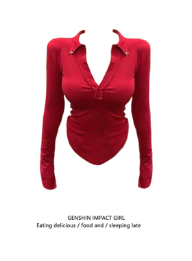 复古辣妹十字架装饰长袖T恤女秋冬季新款收腰修身红色V领套头上衣