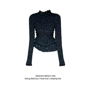 显瘦木耳边半高领打底衫 女内搭小众波点印花T恤上衣 修身 秋冬新款