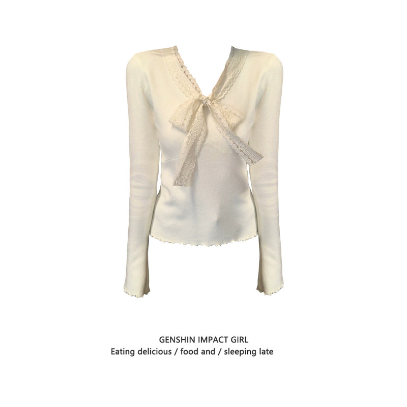 韩版设计感纯色简约V领蕾丝长袖上衣春秋新款修身显瘦德绒保暖T恤,女装/女士精品,T恤,淘宝优惠券,粉丝福利购,淘宝优惠卷