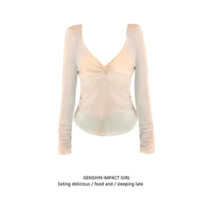 秋季新款设计感小众扭结修身显瘦甜辣妹V领外穿百搭长袖上衣ins潮