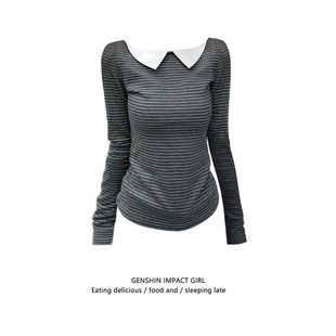 美式 T恤女早秋新款 圆领修身 气质显瘦内搭上衣ins 复古条纹撞色长袖