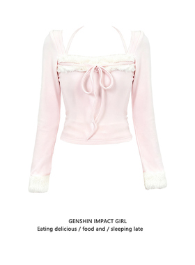 秋冬美式甜辣妹粉色挂脖长袖T恤女独特绝美修身气质毛毛方领上衣