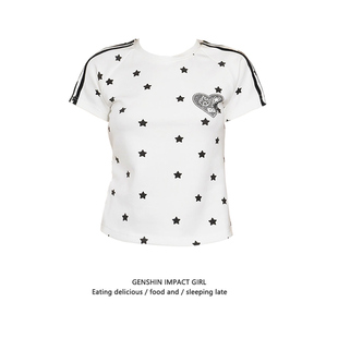 圆领修身 美式 新款 T恤女夏季 显瘦烫钻百搭上衣 复古星星满印花短袖