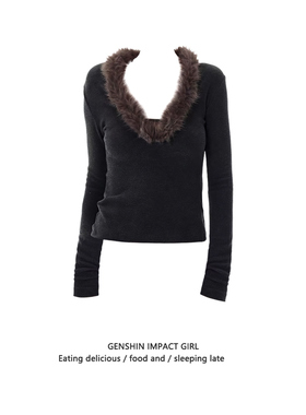 纯欲风辣妹V领毛毛领长袖打底衫女新款秋冬季修身显瘦内搭上衣潮