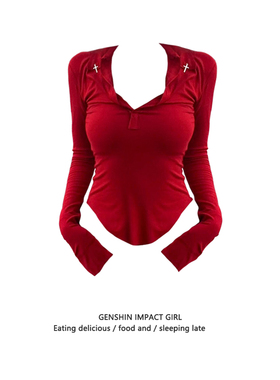 美式辣妹长袖正肩T恤女早秋新款收腰修身红色显瘦V领套头百搭上衣