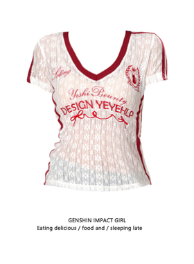 美式V领微透蕾丝刺绣T恤女夏季新款纯欲风凉感速干打底短袖上衣潮