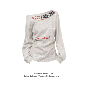 复古辣妹风字母印花斜肩长袖 卫衣女早秋褶皱辣妹显瘦露肩上衣外穿