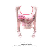 莫代尔撞色KT猫印花长袖 上衣潮 甜美粉色内搭短款 T恤女早秋季 新款