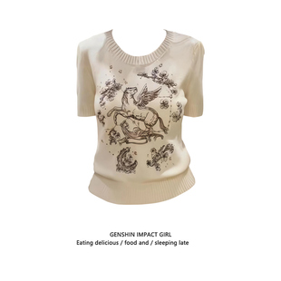 新款 刺绣小马图案短袖 针织衫 女夏季 显瘦百搭上衣潮 超好看漂亮修身