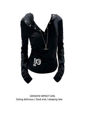 连帽黑色防晒罩衫女夏季薄款哥特风印花长袖t恤修身显瘦百搭上衣