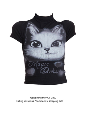 甜辣风半高领t恤女夏季新款猫咪印花黑色正肩短袖修身显瘦上衣y2k