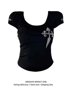 美式辣妹烫钻正肩圆领短袖T恤夏季纯棉修身显瘦短款百搭上衣女ins