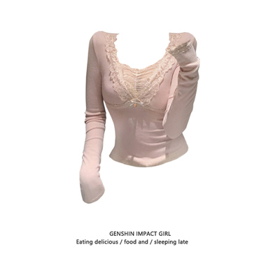 甜辣妹蕾丝花边长袖v领长袖T恤女