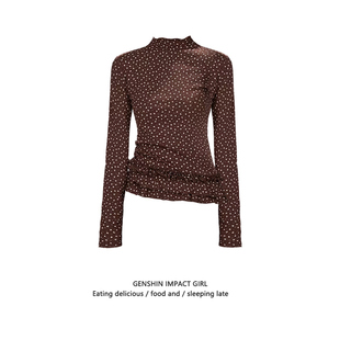 韩系花边拼接半高领碎花长袖打底T恤女秋冬洋气百搭叠穿绝美上衣