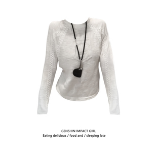 新款 T恤秋季 内搭外穿显瘦上衣 白色刺绣蕾丝拼接长袖 小众圆领韩版