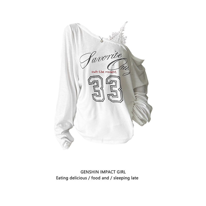 字母烫钻斜肩长袖宽松T恤女秋季美式辣妹白色设计感显瘦休闲上衣