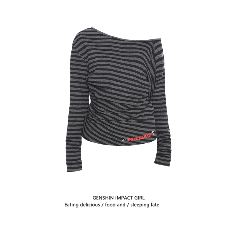 斜领露肩条纹字母印花长袖T恤女