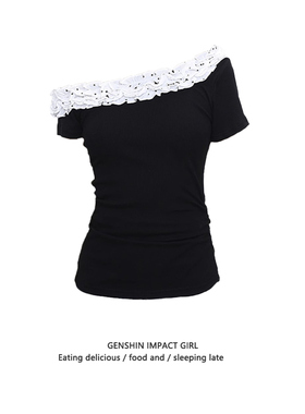 设计感小众黑色收腰辣妹百搭T恤女夏季新款斜肩修身显瘦纯棉上衣