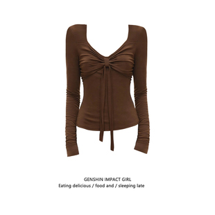 辣妹纯欲打底外穿上衣 修身 独特漂亮设计抽褶刺绣飘带长袖 T恤秋季