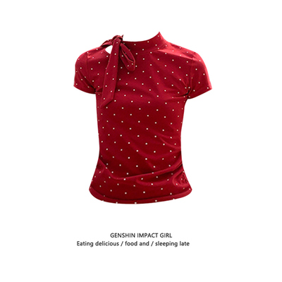 韩版辣妹波点蝴蝶结绑带短袖T恤