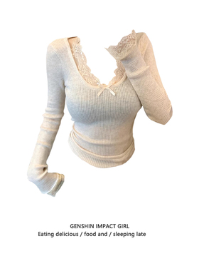 小众设计感蕾丝拼接圆领长袖T恤女初秋新款修身显瘦蝴蝶结上衣潮