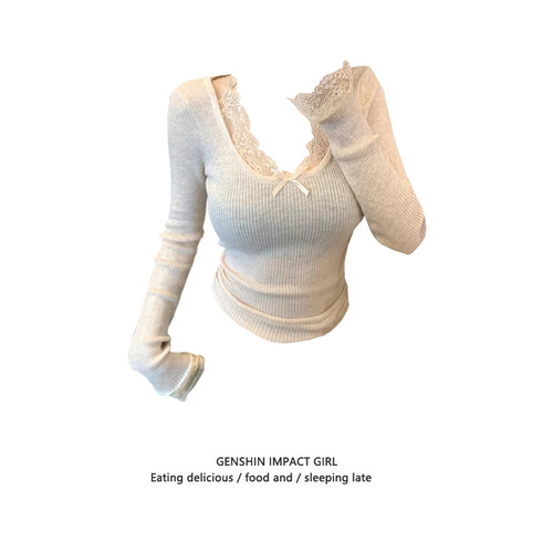 小众设计感蕾丝拼接圆领长袖T恤