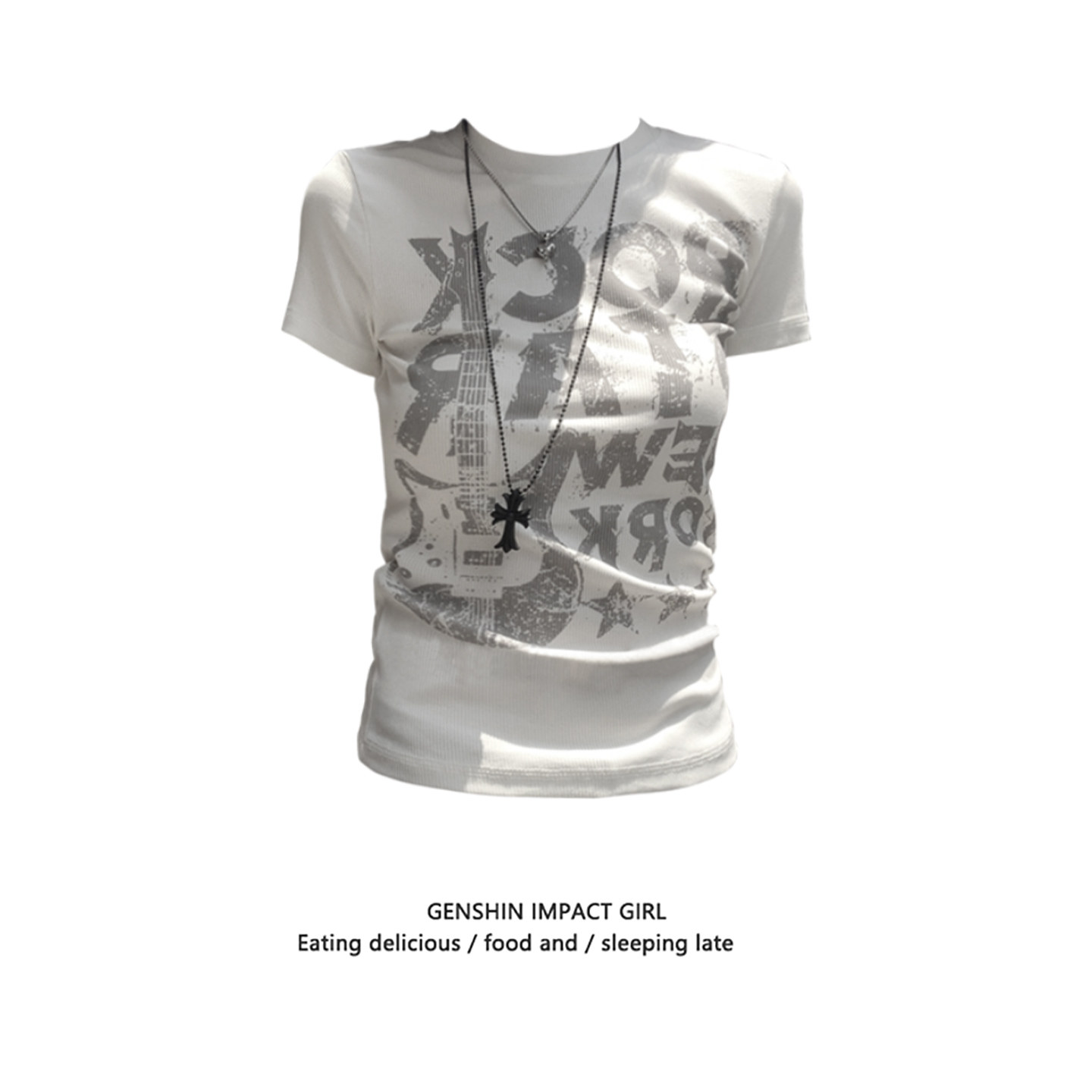 纯欲风字母摇滚吉他印花短袖T恤女夏季新款修身显瘦圆领百搭上衣