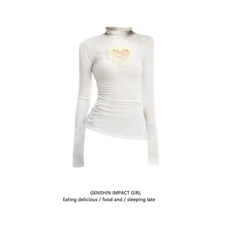 不规则爱心镂空蕾丝高领长袖T恤