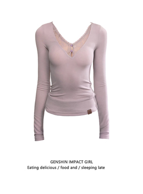 纯欲辣妹v领蕾丝拼接长袖上衣女秋冬新款超好看紫色辣妹打底T恤潮