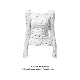 韩系星星满印长袖 小个子显瘦百搭甜酷翅膀刺绣上衣 T恤女早秋修身