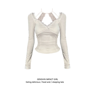 蕾丝拼接挂脖长袖 内搭纯欲风白色纯棉打底上衣 T恤女秋冬收腰修身